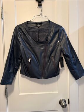 Lulu's Women's  Navy Faux Leather Asymmetric Moto Zip Cropped Jacket size L